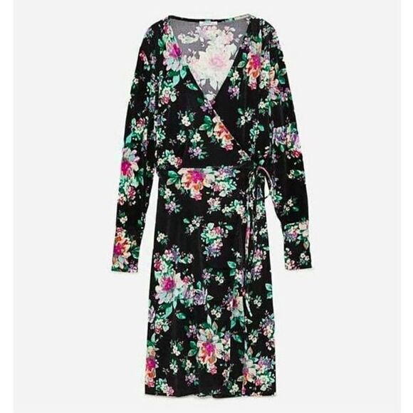 New ZARA Floral-Print Velvet Wrap Midi Dress Small - Picture 11 of 15